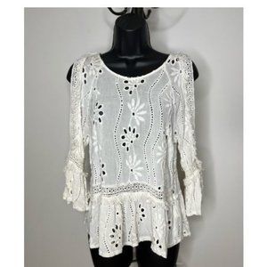 California Moonrise Womens Cold Shoulder Eyelet Top Blouse Size S White